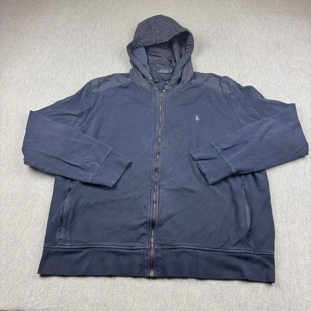 Polo Ralph Lauren Jacket Mens 2XL‎ XXL Blue Estate Rib Hooded Full Zip Knit